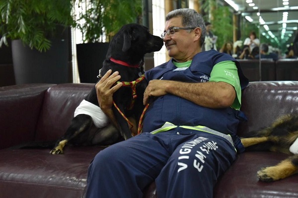 #PraCegoVer: Agente da Vigilância em Saúde, devidamente uniformizado, está sentado em um sofá com dois cahorros ao seu lado. O cachorro da esquerda está sentado com o focinho encostado no senhor. 